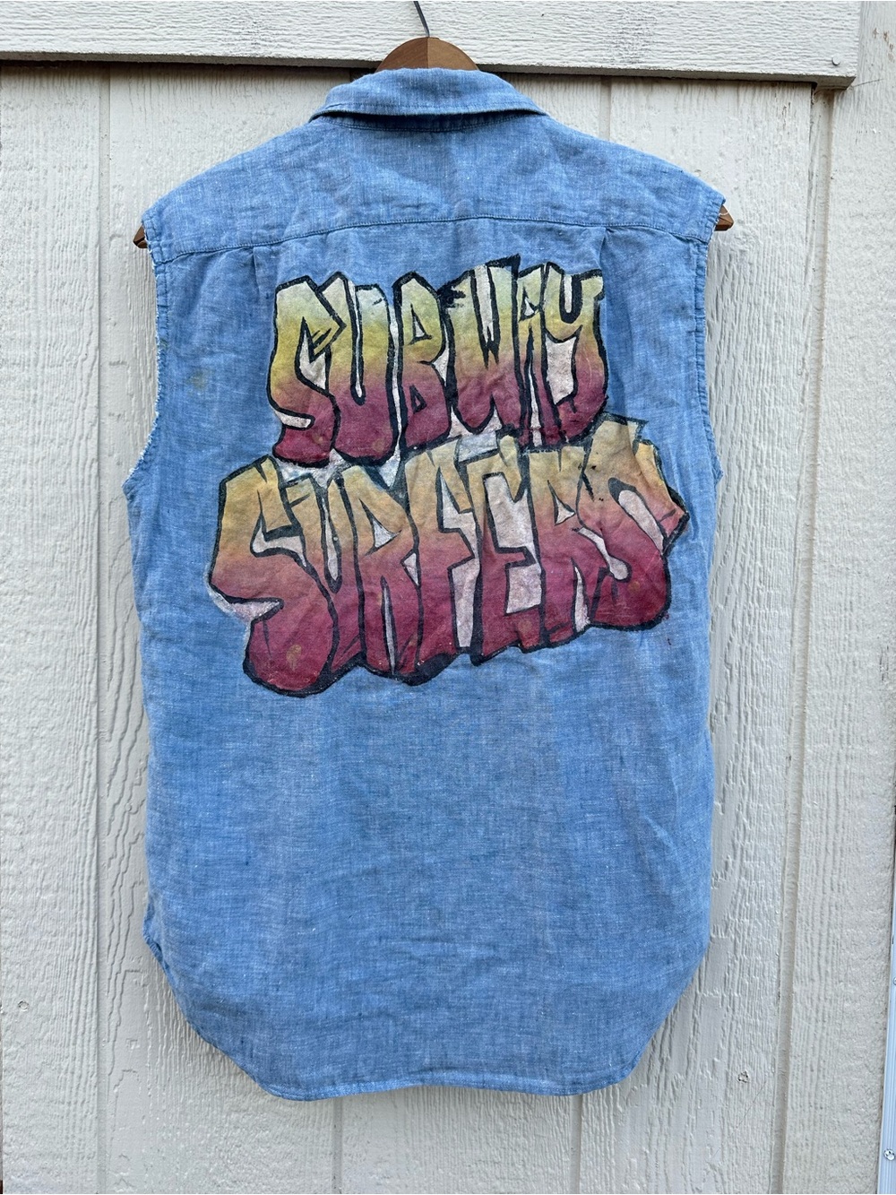 J crew Chambray Blue Sleeveless Shirt 'Subway Surfers'Custom Graphic linen 100%
